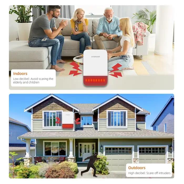 Sirène Staniot Acoustique Stroboscopique 120dB Intérieure/Extérieure avec Batterie 5000mAh et Panneau Solaire Compatible Domotique Sécurité Maison Occasions Spéciales