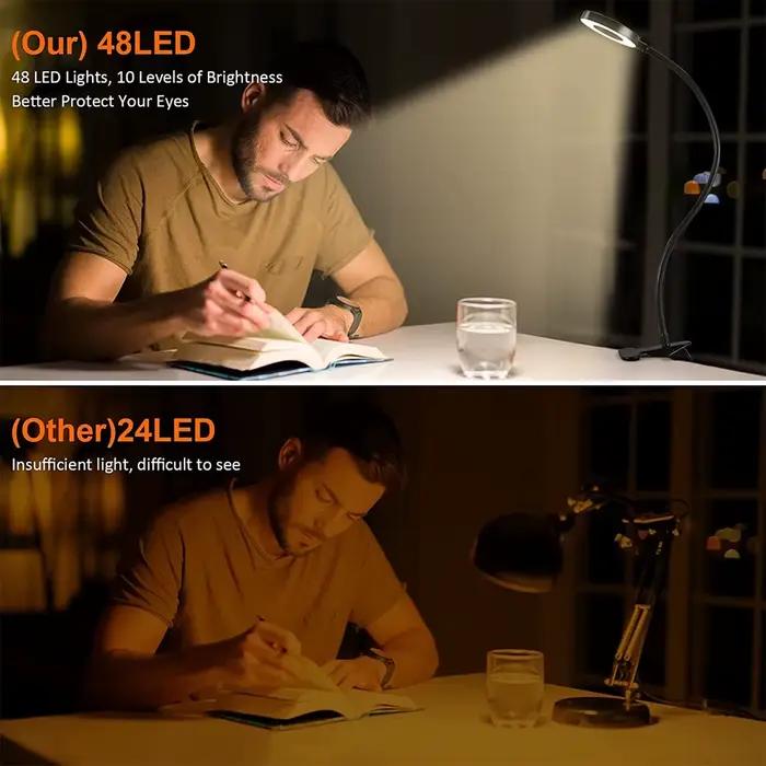 Lampe de bureau à clipser 48 LED 360 ° Lampe de Table de lecture à col de cygne Flexible, pince USB