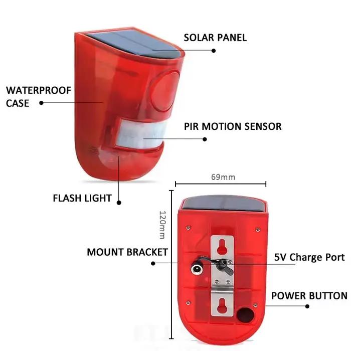 Détecteur de mouvement à infrarouge solaire avec sirène stroboscopique 110dB pour sécurité maison et jardin imperméable 30 jours d'autonomie