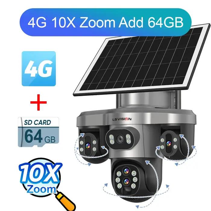 LS VISION 20MP 4 objectifs trois écrans 4G caméra solaire extérieure WiFi 10X Zoom optique suivi automatique