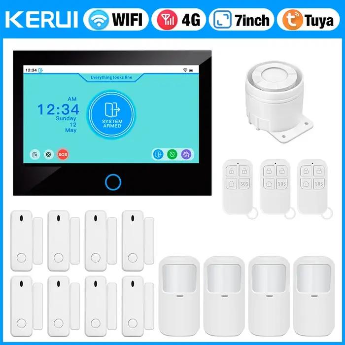 Kit de système d'alarme KERUI avec grand écran tactile IPS, contrôle par application, compatibilité avec Amazon Alexa, Google Assistant, et prise en charge de 6 langues pour sécurité maison et commerce