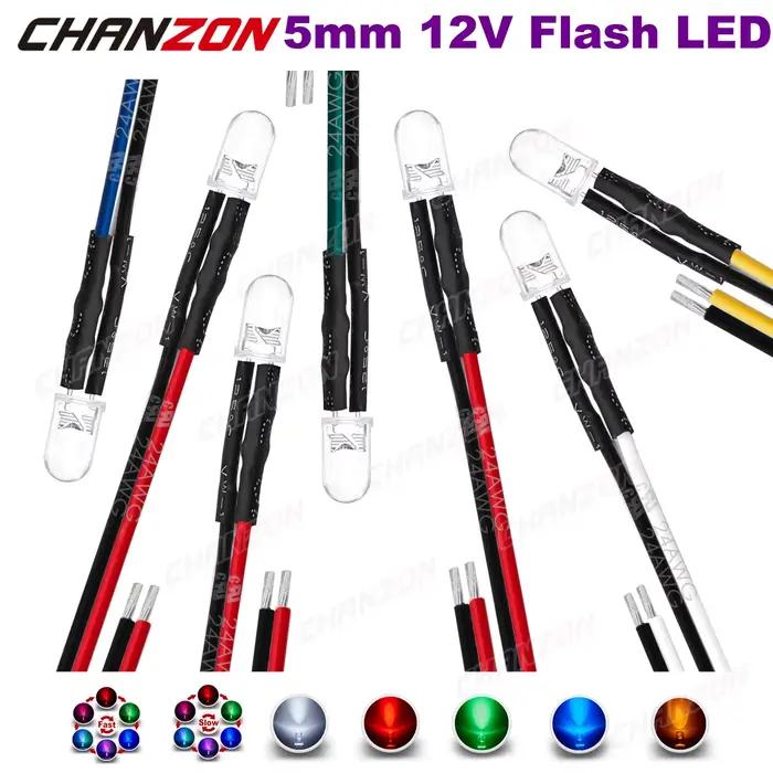 20 pièces 5mm 12V LED Diode clignotant pré-câblé perles de lumière clignotant blanc rouge vert bleu