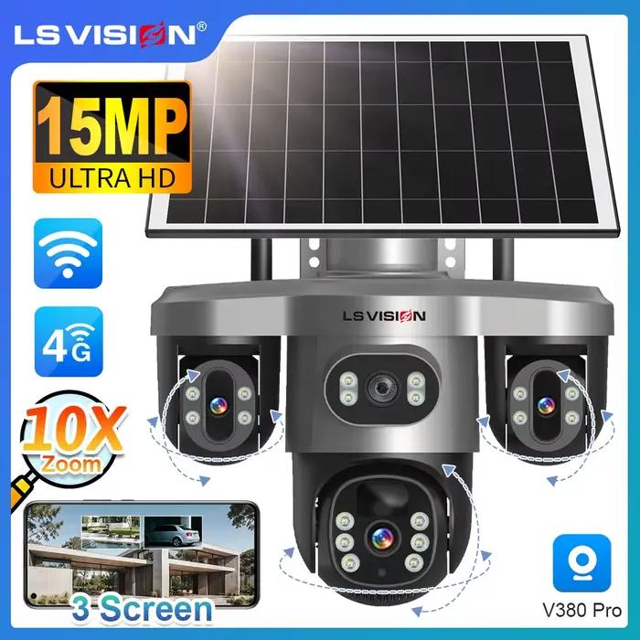 Caméra de sécurité LS Vision 15MP trois objectifs PTZ solaire extérieure WiFi 4G zoom numérique 10x suivi automatique trois écrans pour maison et entreprise