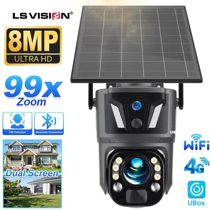 Caméra de sécurité solaire LS VISION 99X avec zoom optique 99x double écran et double détection PIR pour surveillance extérieure et sécurité résidentielle