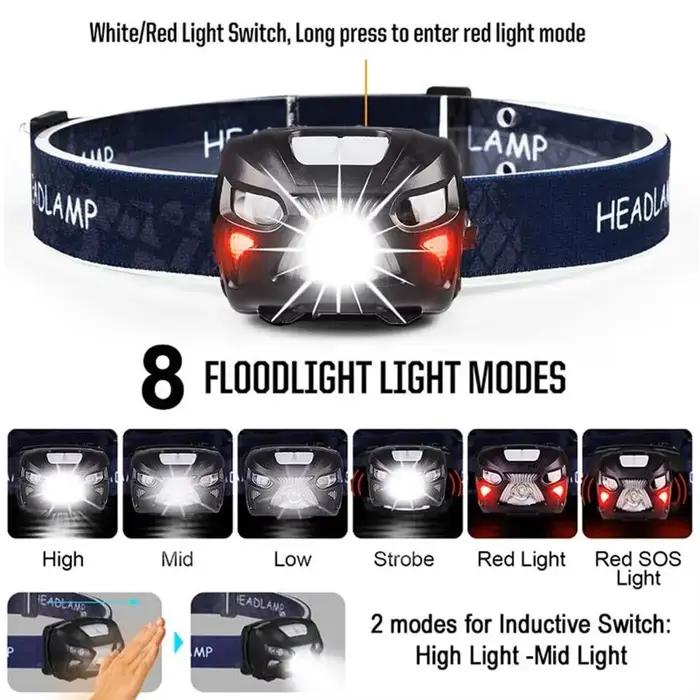 8 Mode puissant phare corps capteur de mouvement tête lampe de poche Usb Rechargeable
