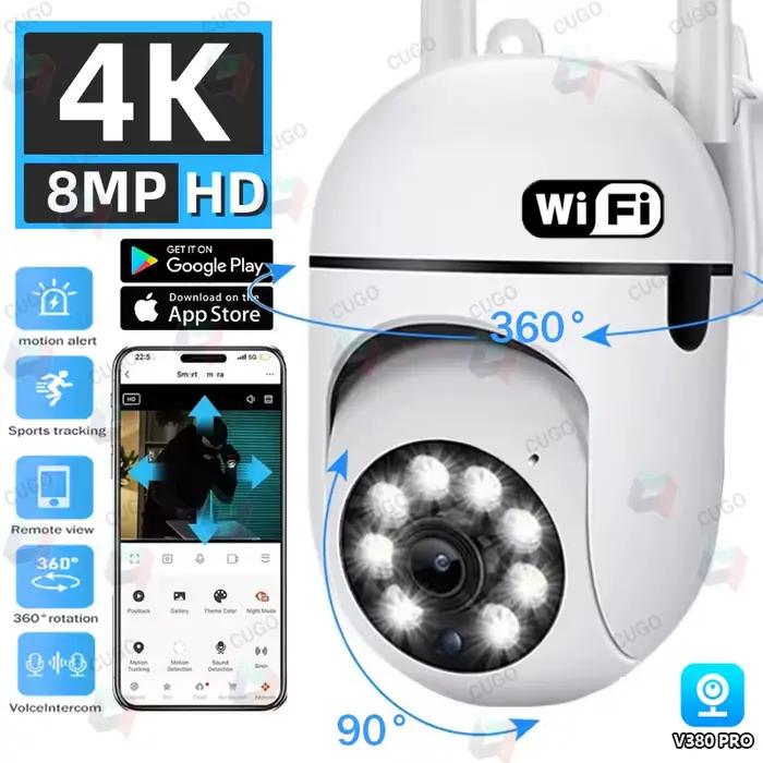 Caméra de Surveillance Wifi 8MP HD pour Maison et Bureau avec Suivi Humain par IA, Vision Nocturne Couleur et Protection contre les Intempéries IP66