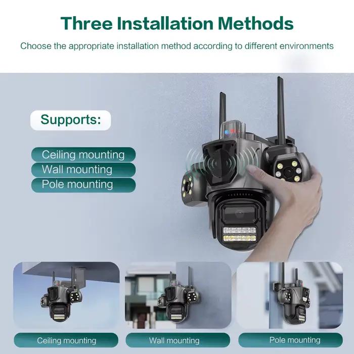 Caméra IP WiFi Uzoom 3 écrans 3 objectifs 6K 12MP pour surveillance extérieure et intérieure, caméra de sécurité avec suivi automatique et détection de mouvement intelligente