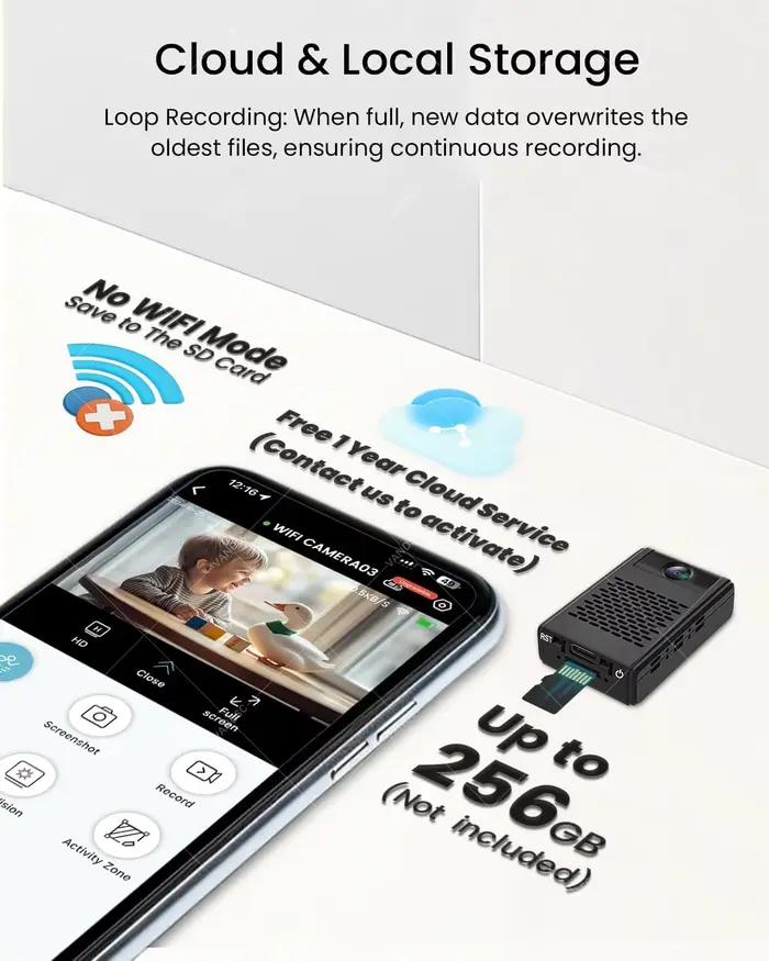 Mini Caméra de Sécurité Nanny Cam avec Objectif Rotatif 180° pour Surveillance à Distance Maison Bureau Voyage
