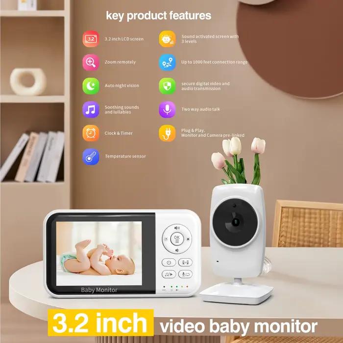 Babyphone avec caméra haute résolution et vision nocturne infrarouge, écran couleur 3,2 pouces, surveillance de l'humidité, rappel d'alimentation, berceuses intégrées pour sécurité et tranquillité d'esprit des parents