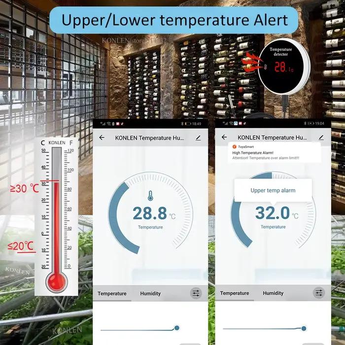 Capteur de température KONLEN avec alertes Wi-Fi pour maison intelligente, contrôle de la température en temps réel, saunas, serres, piscines, congélateurs et incubateurs