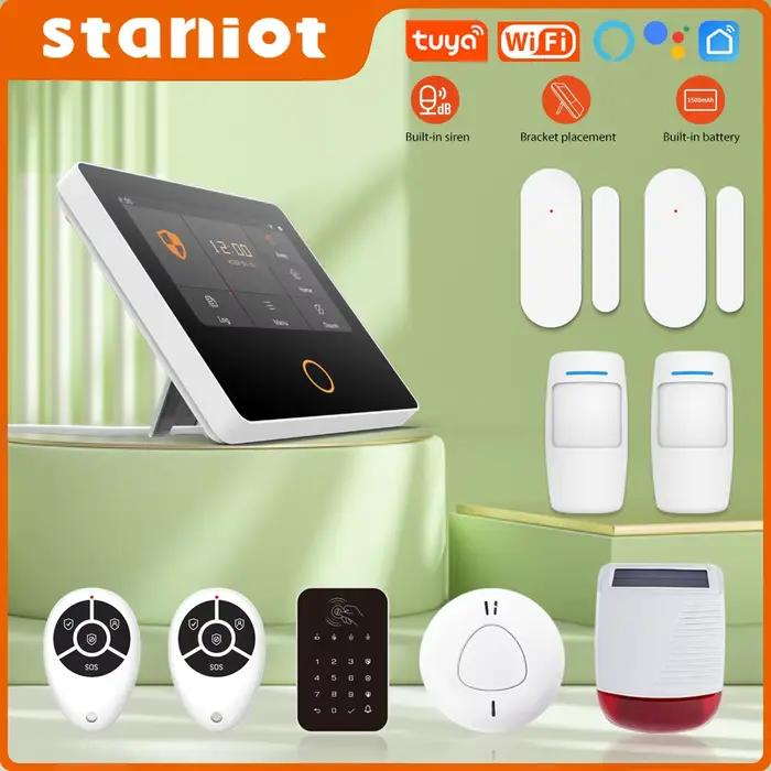 Staniot Système d'Alarme Wi-Fi Sécurité Domestique avec Écran Tactile 4.3 Pouces Commande Voix Alexa Google Assistant Occasions Spéciales Installation Murale Bureau