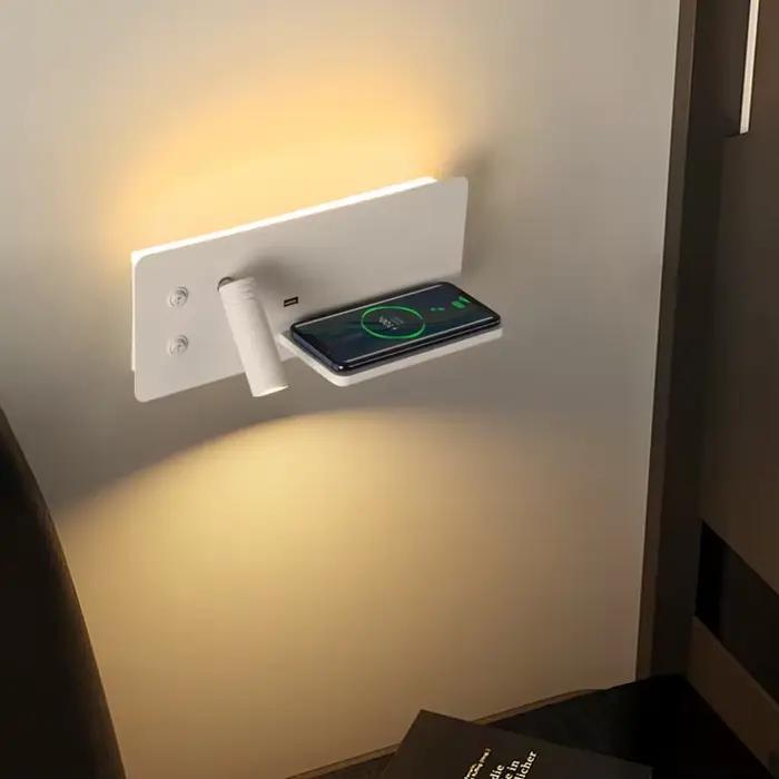 Applique murale LED à chargement sans fil moderne pour chambre à coucher, charge USB, éclairage de lecture rotatif, idéale pour salon, hôtel et occasions spéciales