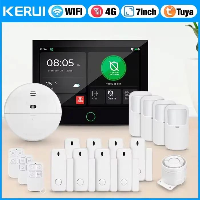 Kit de système d'alarme KERUI avec grand écran tactile IPS, contrôle par application, compatibilité avec Amazon Alexa, Google Assistant, et prise en charge de 6 langues pour sécurité maison et commerce