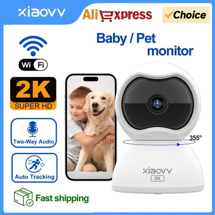 XIAOVV Caméra de surveillance WiFi intérieure 2K Caméra pour animaux de compagnie et bébé avec suivi