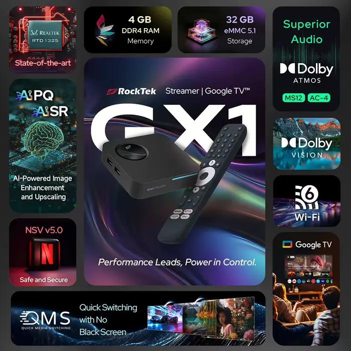 Boîtier Android TV Google TV 12 Box Netflix compatible Dolby Atmos Vision 2T2R RockTek GX1 UHD Realtek1325 A55 Edge AI pour soirées cinéma à la maison et événements familiaux