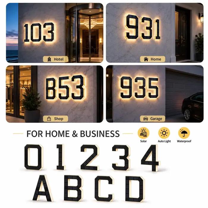 Ensemble de numéros de maison solaires étanches à LED avec capteur