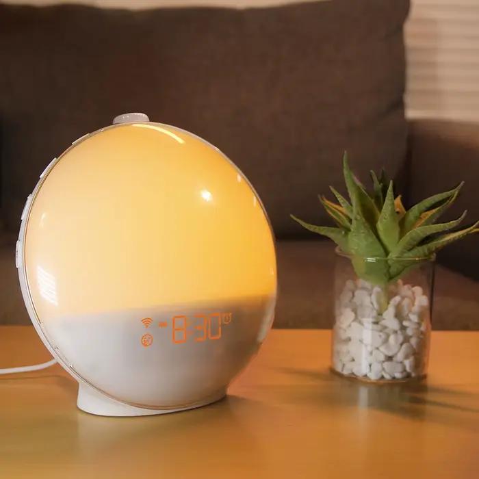 Réveil lumineux, Simulation de lever/coucher du soleil, horloge numérique avec veilleuse, Radio FM,