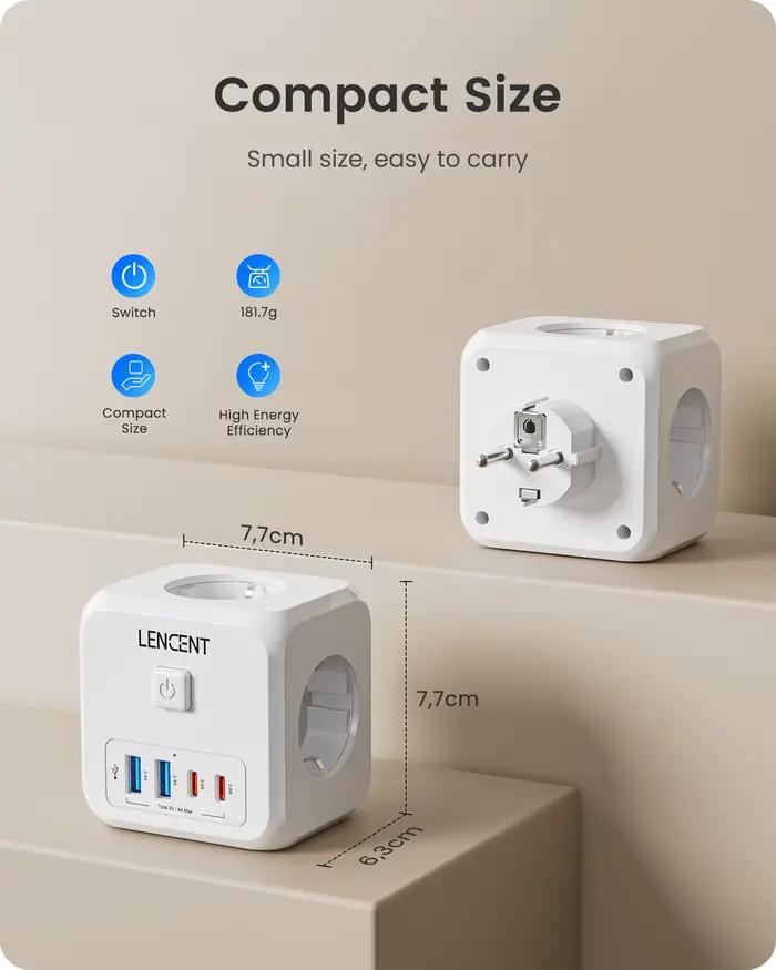 Extension de Prise Murale 7 en 1 LENCENT avec 3 Prises Secteur 2 Ports USB et 2 Ports USB-C pour Maison Bureau et Voyages Occasions Spéciales
