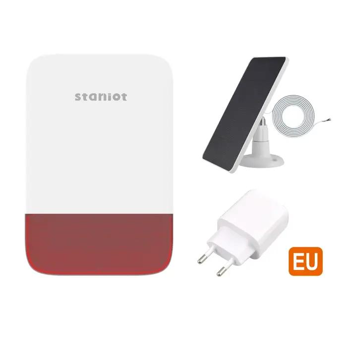 Sirène Staniot Acoustique Stroboscopique 120dB Intérieure/Extérieure avec Batterie 5000mAh et Panneau Solaire Compatible Domotique Sécurité Maison Occasions Spéciales