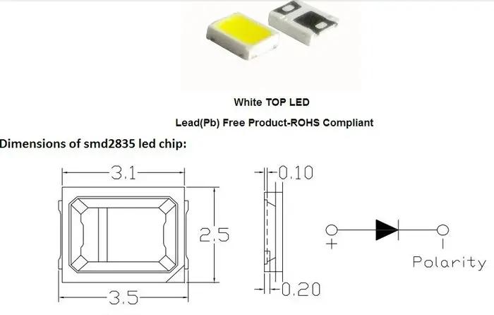 100 pièces SMD LED 2835 puce 0.5W 1W 3V 6V 9V 18V 36V 140LM 4000K perles blanches lumière blanche ch